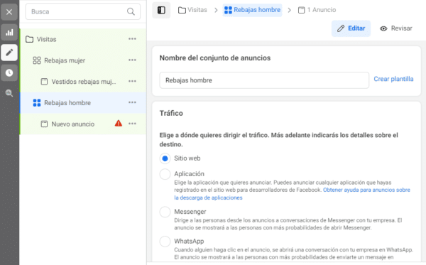 crear conjunto de anuncios Facebook Ads